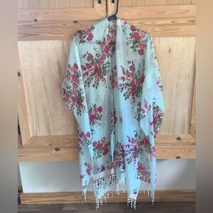 Floral crochet fringe sheer boho hippy kimono wrap size OS